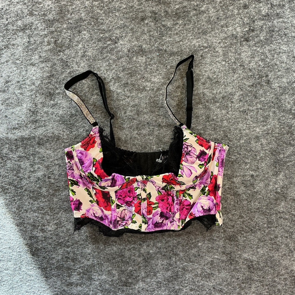 Victoria's Secret Lace Floral Longline Corset Top with Bedazzled Straps Size 32B